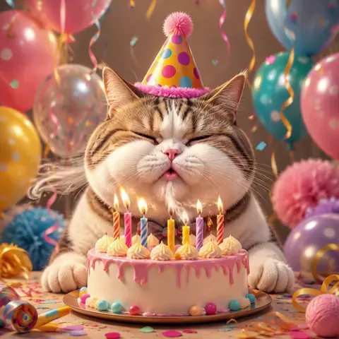Funny Cat Blowing Out Candle Birthday GIF with Wishes