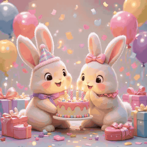 Cute Happy Birthday Rabbits GIF with Wishes