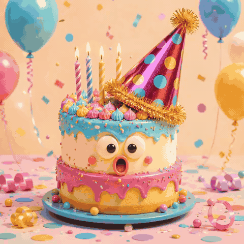 Funny Birthday GIF with Cake and New Year Hat