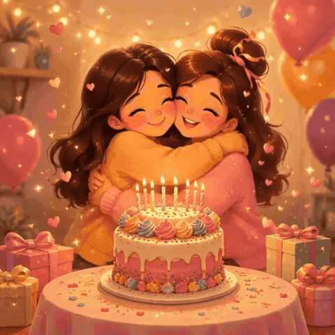 Sister Happy Birthday GIF with Cake and Wishes